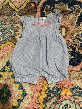 Carter's Blue and White Striped Baby Romper with Pink Flower Detail